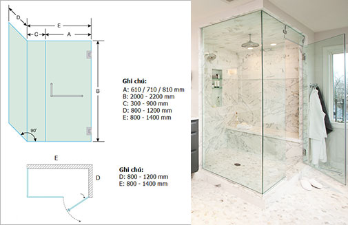Vách tắm kính cửa mở quay 90 độ dạng cửa kính bắt vào tường Vách tắm kính cửa mở quay 90 độ dạng cửa kính bắt vào tường